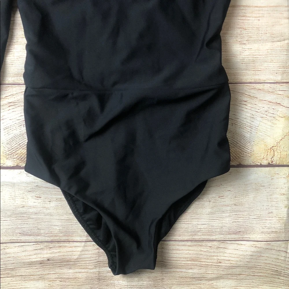 Black Cold-Shoulder‎ Mesh Long Sleeve Dance Leotard with High Neck